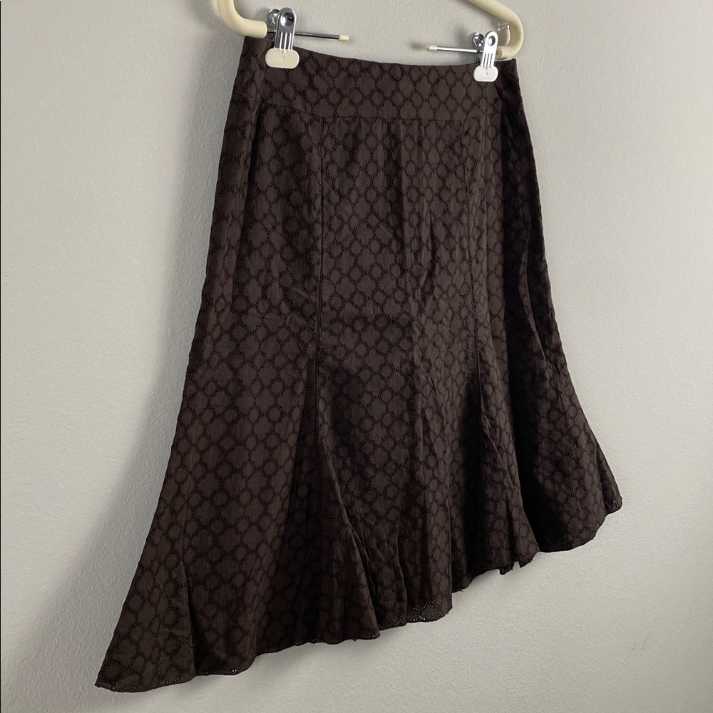Cortefiel Boho Embroidered Eyelet Godet Skirt | Pleated, Lined, Side Zip | Brown - Picture 7 of 16